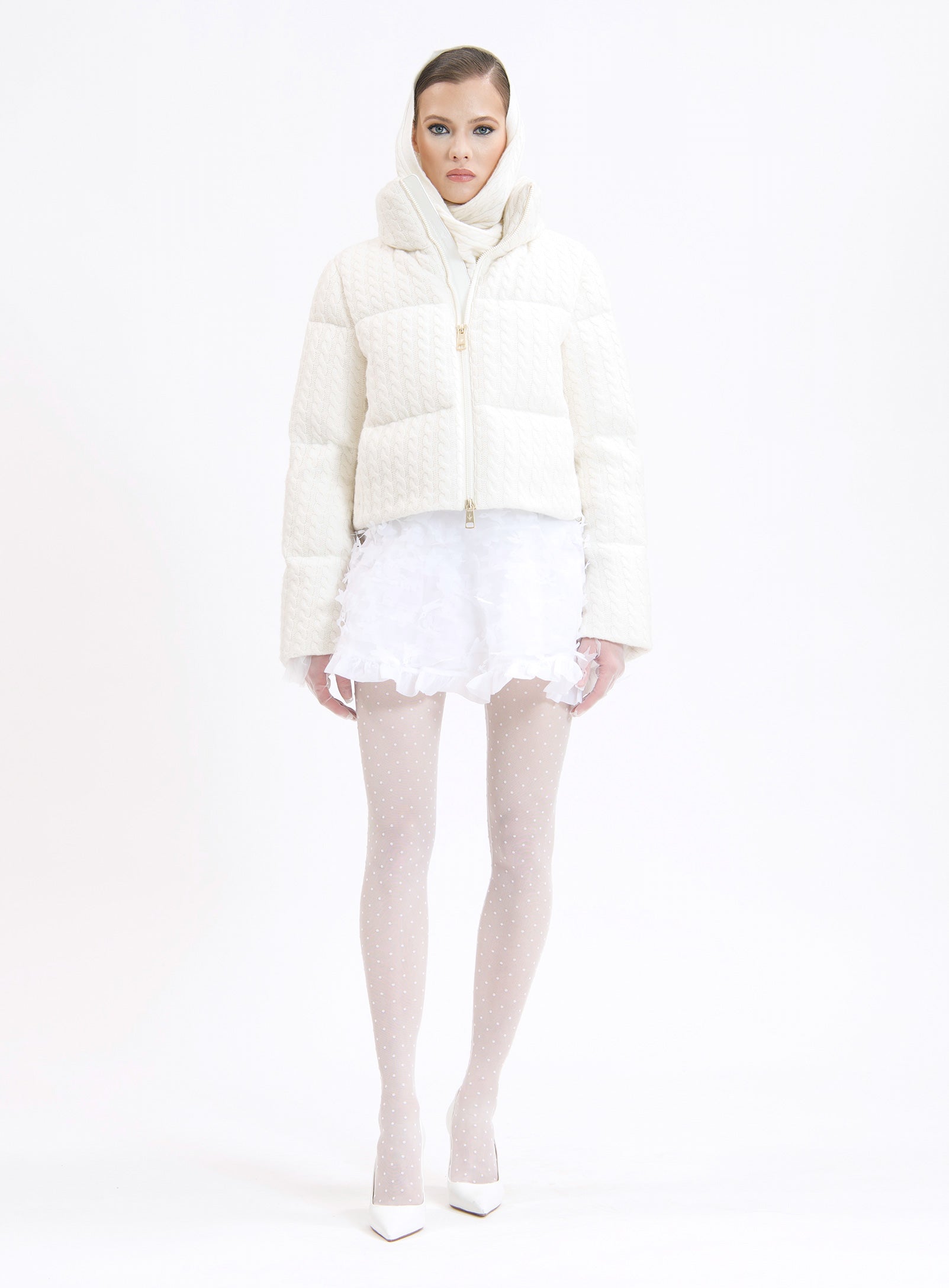 OXFORD CABLE KNIT CASHMERE | CABLE KNIT CASHMERE CROPPED PUFFER
