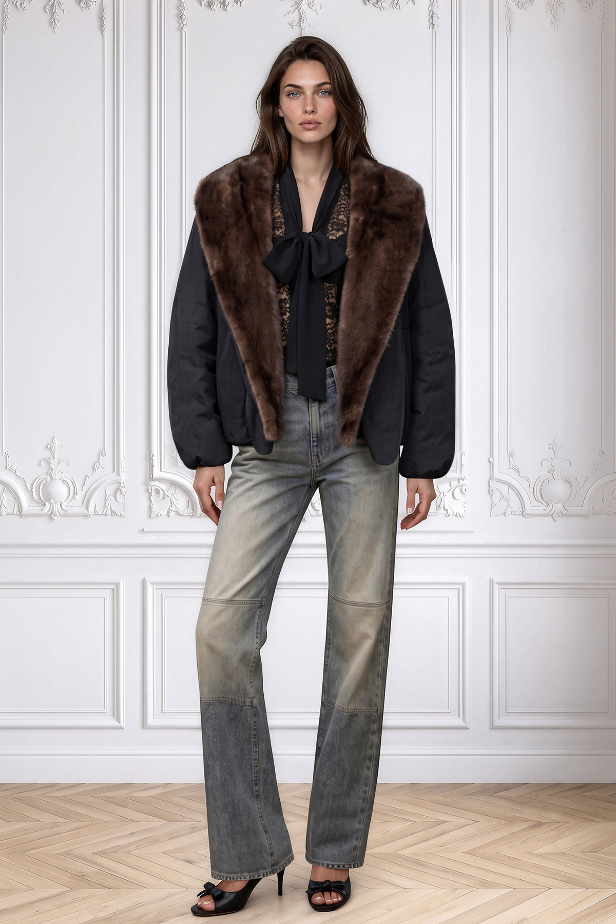 Minuit | Black puffer jacket with oversized brown mink shawl collar, worn open.||Doudoune noire à col châle en vison brun surdimensionné, portée ouverte.