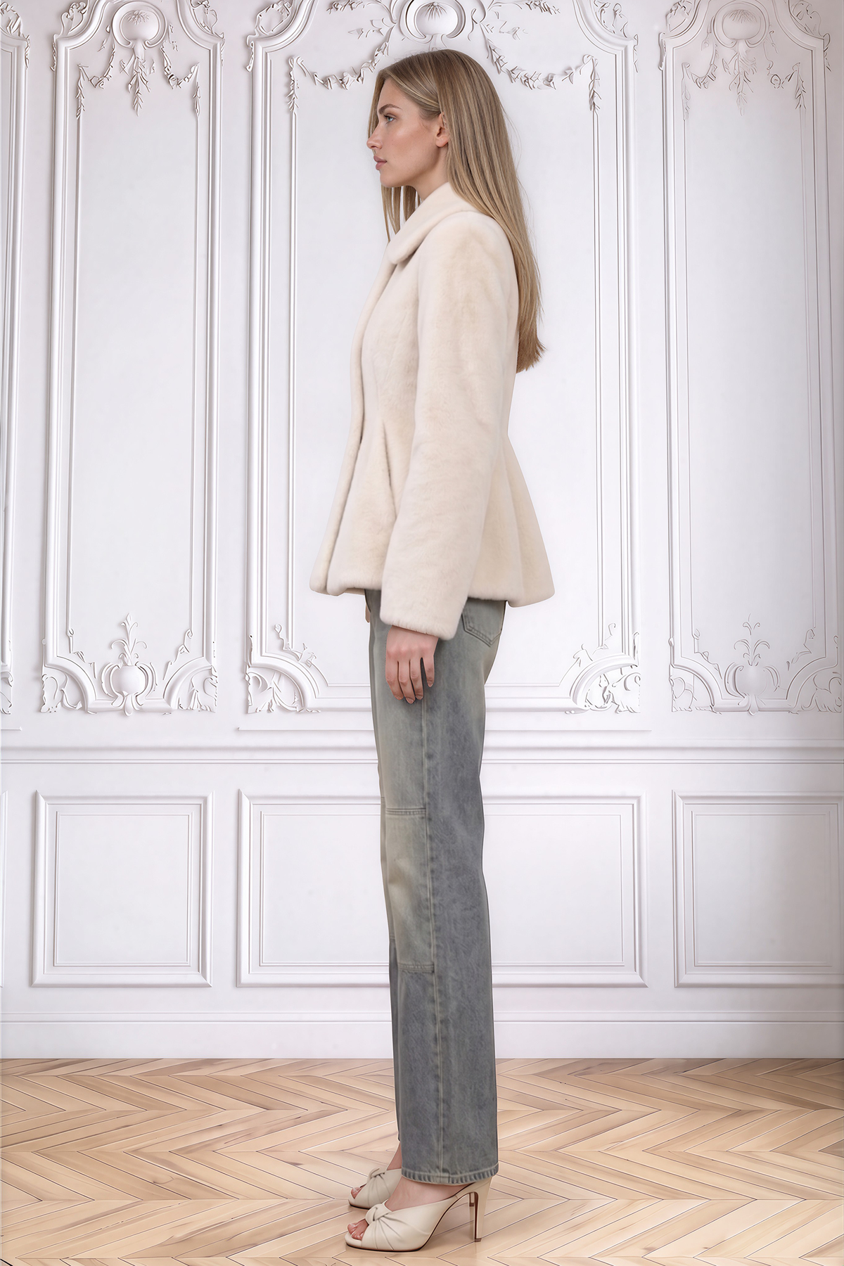 Odette | Veste ivoire en shearling façon tailleur, col arrondi et taille péplum.