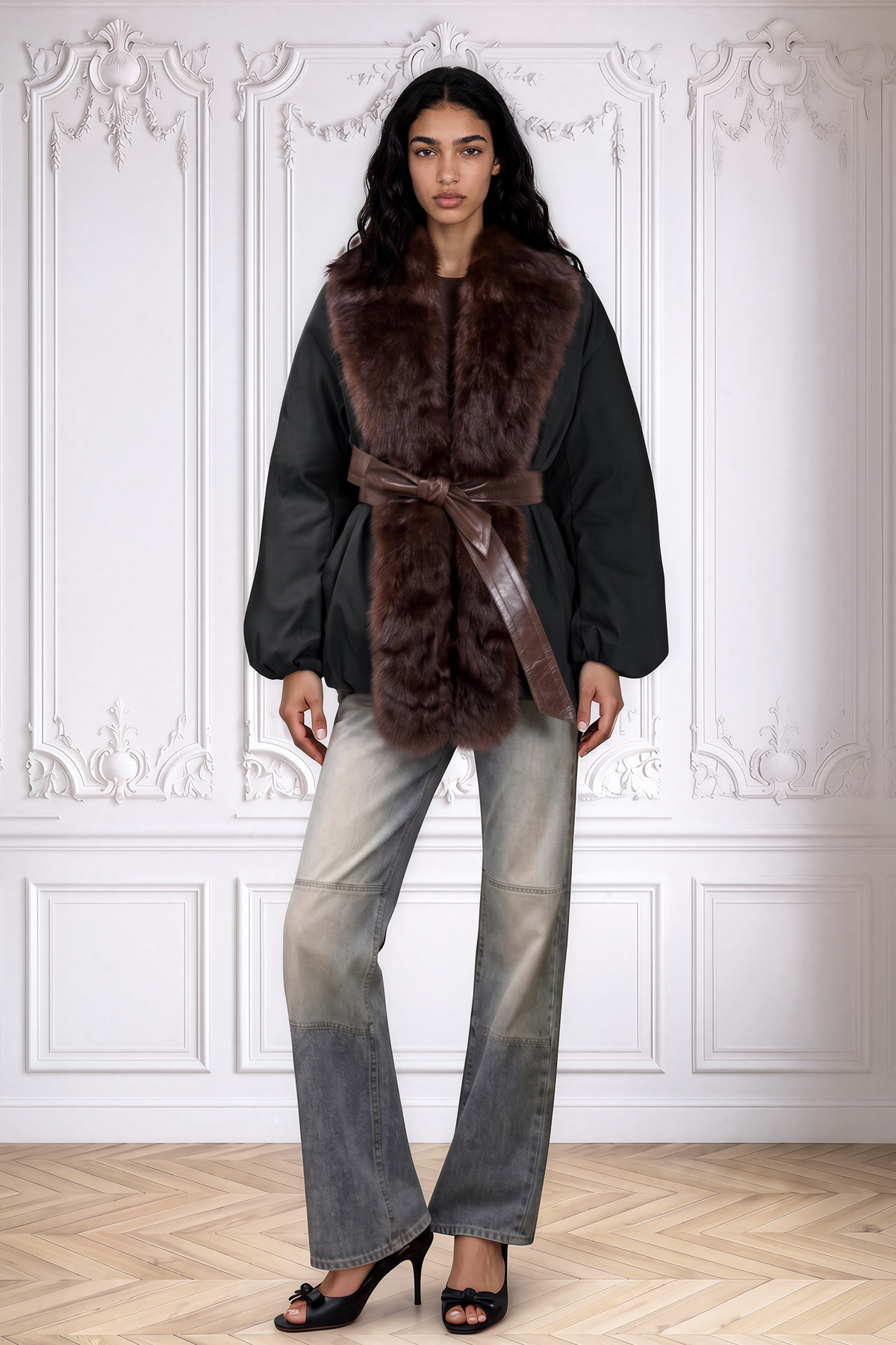 Songe | Doudoune noire ceinturée, col en shearling brun et ceinture enveloppante en cuir.