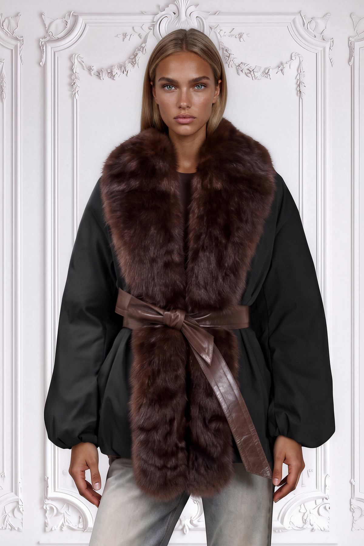 Songe | Doudoune noire ceinturée, col en shearling brun et ceinture enveloppante en cuir.