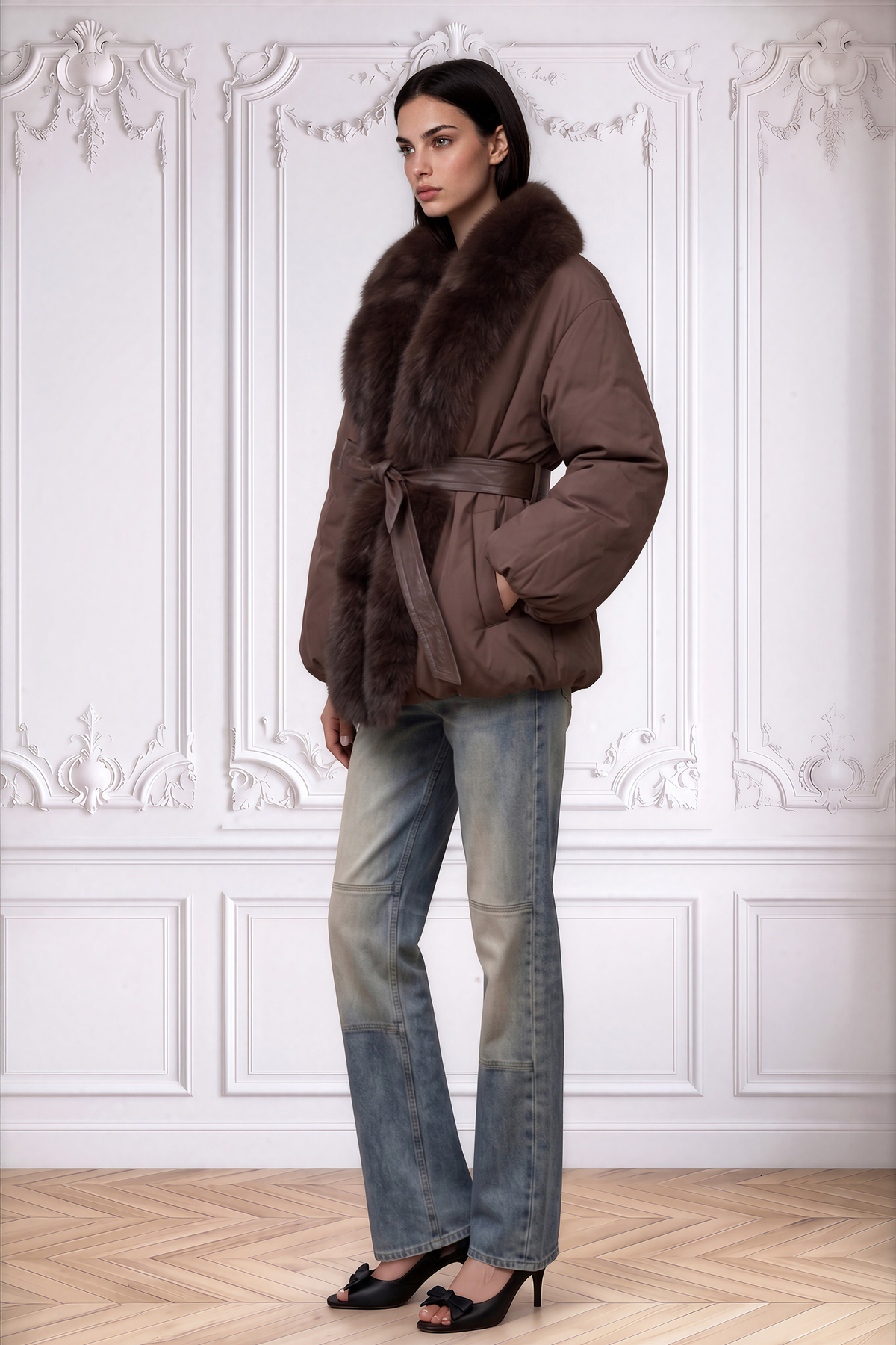 Rêverie | Doudoune chocolat ceinturée, col en shearling ton sur ton et ceinture enveloppante en cuir.