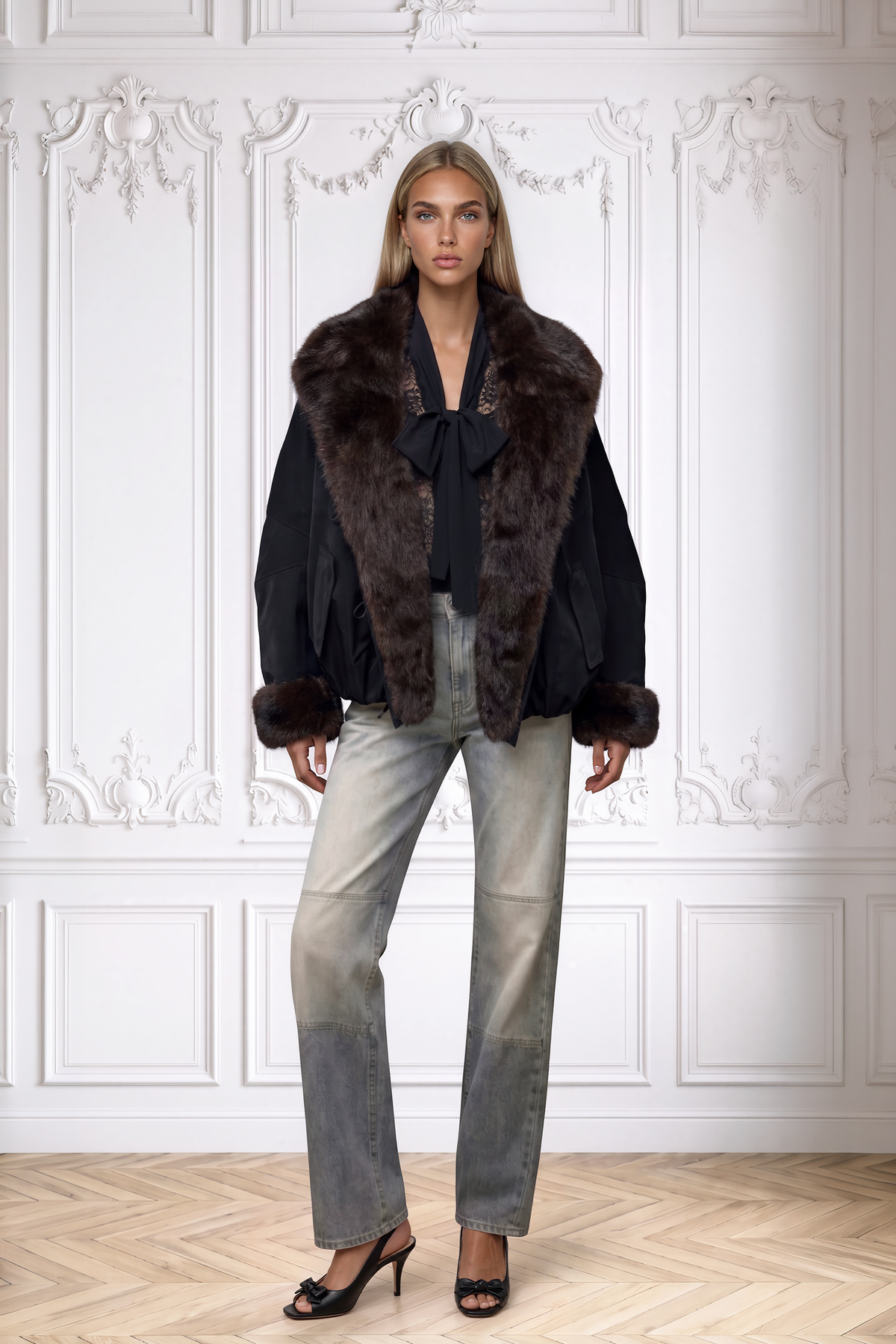 Odile | Doudoune noire à col châle en shearling surdimensionné et poignets assortis.